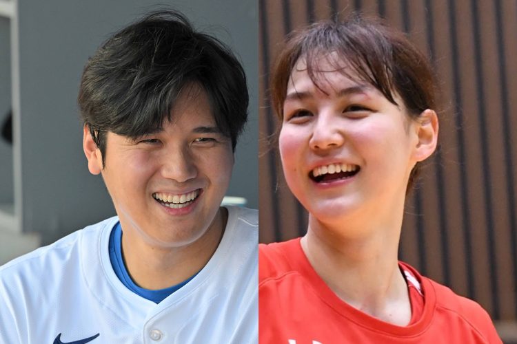 大谷翔平選手（時事通信フォト）と妻・真美子さん（富士通レッドウェーブ公式ブログより）