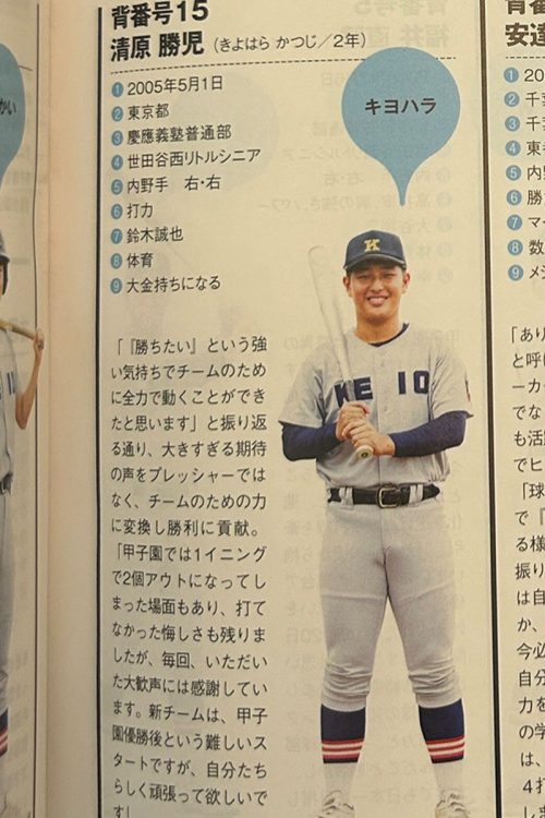 勝児のプロフィール。あだ名は「キヨハラ」。是非とも夢を叶えてほしい