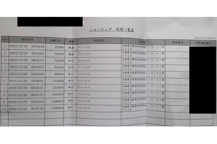「Princess」でカードが不正利用された履歴。30分で10回も決済申請されている