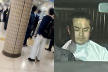 騒然とする改札付近と逮捕された戸田佳孝容疑者(時事通信)