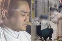 現行犯逮捕された戸田容疑者と、血痕が残っていた犯行直後の現場(時事通信社/読者提供)