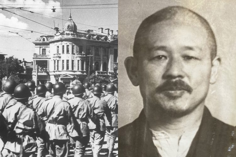 1945年8月、満洲国ハルビンに進駐するソ連軍。日本側の建物・施設などが次々に接収された（写真左＝SPUTNIK/時事通信フォト。右は当時の宮川舩夫ハルビン総領事）