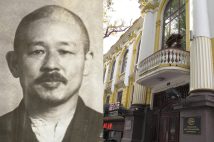 宮川舩夫ハルビン総領事（当時＝写真左）、右はかつてのハルビン日本総領事館（現在はショッピングセンターに改修／2015年に斎藤充功氏撮影）　