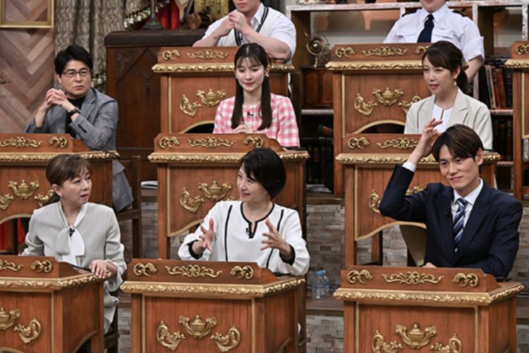一列目左から永井美奈子、馬場典子、上重聡。 二列目左から安東弘樹、山本里菜、須黒清華(番組公式HPより)