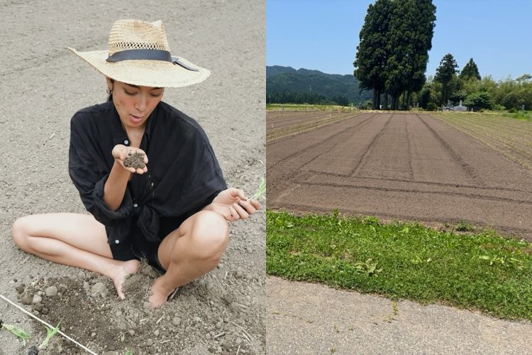 農作業をするローラと雑穀畑（本人インスタグラムより）