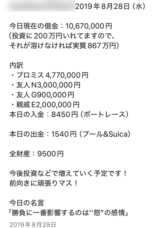 借金の内訳も記載していた(Instagramより)