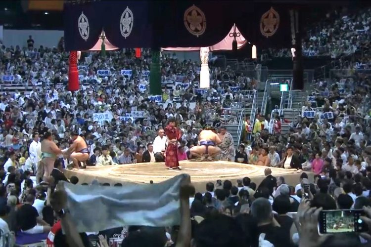 西の審判委員の親方のすぐ後ろ、溜席の最前列にいる女性。「溜席の着物美人」として知られるが、今回はピンクのワンピースで観戦