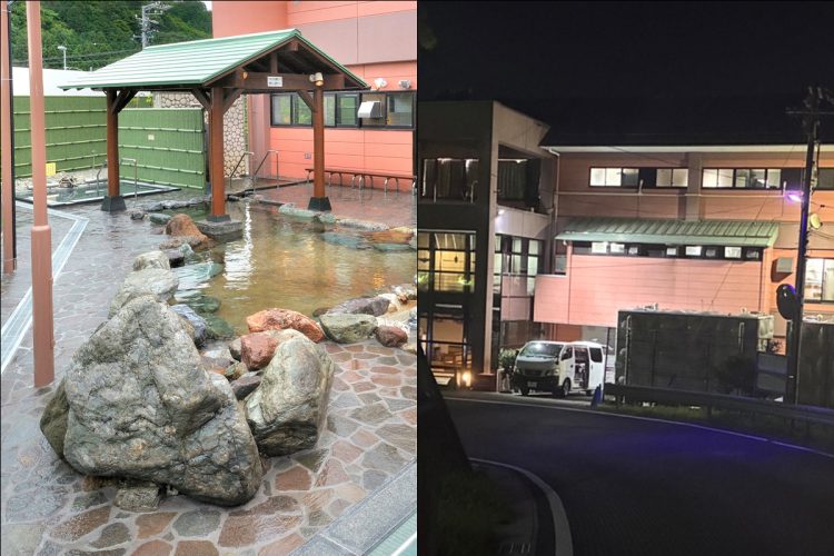 「池田温泉」は旅館事業者の“夜逃げ”をどう捉えるのか（左は池田温泉HPより、右は夜逃げする「温泉旅館たち7月30日深夜、バンを入り口に置いて荷物を搬入し、夜逃げていたA氏川」オーナー・A氏）