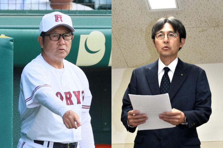 広陵高校の中井哲之監督（左＝産経新聞社）と堀正和校長