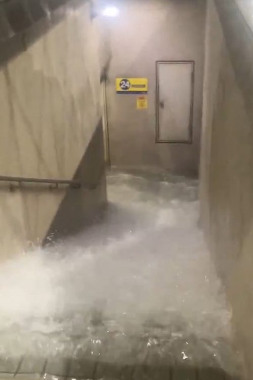 地下駐車場「くすの木パーキング」に勢いよく大量の水がなだれ込む様子（読者提供）