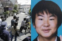 当時の事件現場と野津英滉被告（左・時事通信フォト）