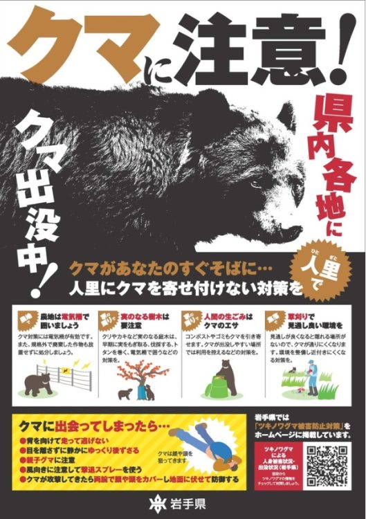 岩手県ではクマ出没情報を公開し人身被害に遭わないよう注意をよびかけている(岩手県HPより)