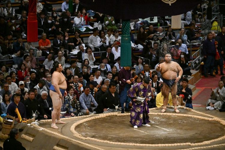 控え行司の隣で声援を送る「溜席の着物美人」