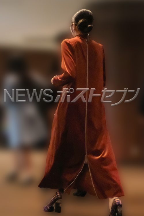 ザックリ背面ジッパーつきドレスを着用したベッキー