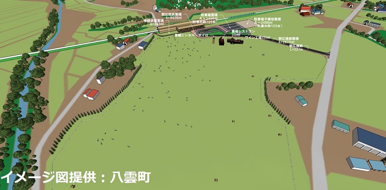 八雲町が整備計画を立てている新八雲駅のイメージ図。駅前からは、ただただ牧場が広がる